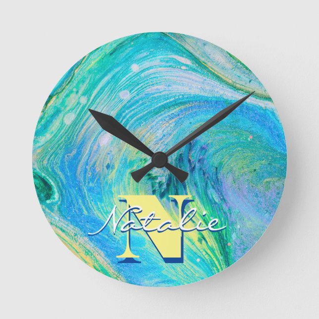 Aqua Blue Acrylic Flow Art Round Clock Runde Wanduhr (Vorderseite)