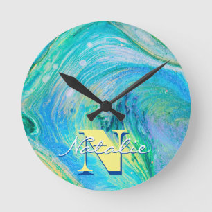 Aqua Blue Acrylic Flow Art Runde Wanduhr