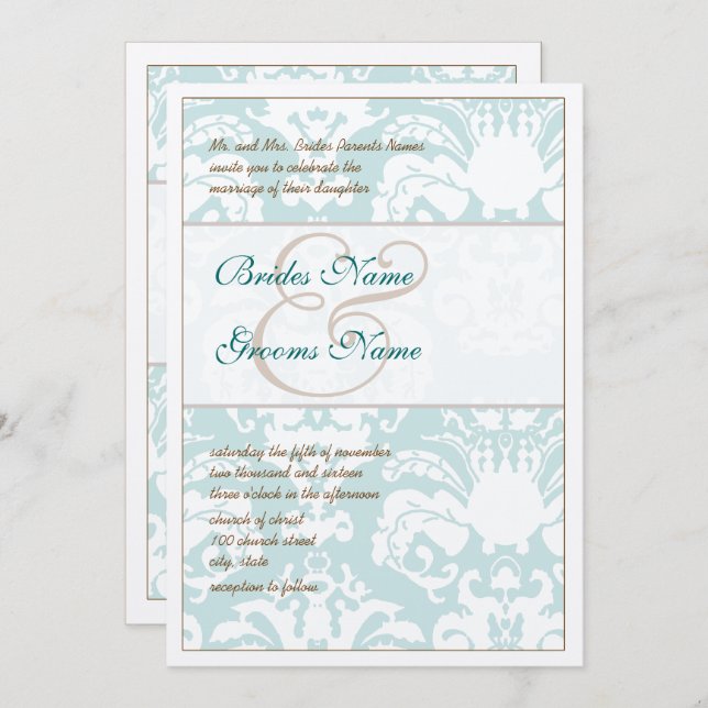 Aqua Blue and Brown Damask Hochzeitsempfehlung Einladung (Vorne/Hinten)