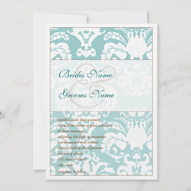 Aqua Blue and Brown Damask Hochzeitsempfehlung Einladung (Vorderseite)