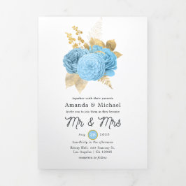 Aqua Blue and Gold Floral Wedding Foto Tri-Fold I Dreifach Gefaltete Einladung