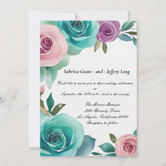Aqua Blue and Pink Watercolor Rose Hochzeit Einladung