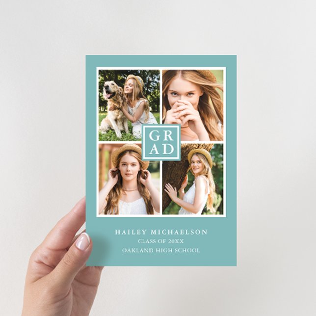 Aqua Blue and White Foto Collage Abschluss Einladung (Von Creator hochgeladen)