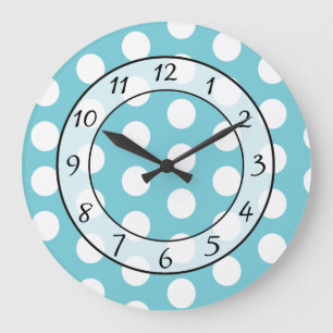 Aqua Blue and White Polka Dot Whimsical Clock Große Wanduhr