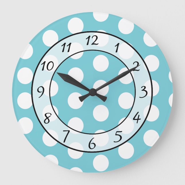 Aqua Blue and White Polka Dot Whimsical Clock Große Wanduhr (Vorderseite)
