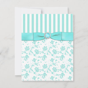 Aqua Blue and White Strip Floral RSVP Card