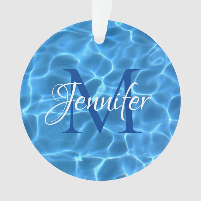 Aqua Blue and White Swimming Pool Foto Monogram Ornament (Vorderseite)
