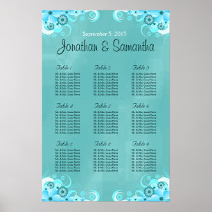 Aqua Blue Aquamarin Floral Wedding Table Charts Poster