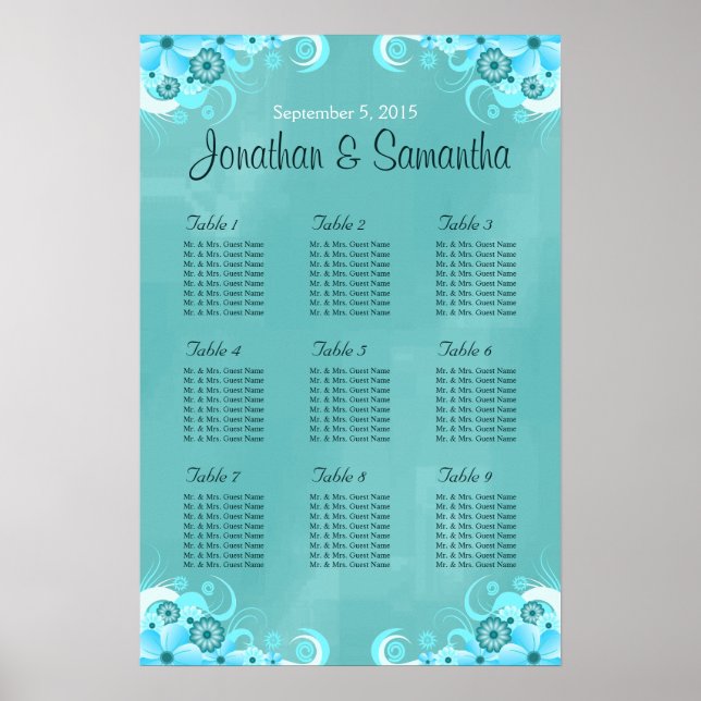 Aqua Blue Aquamarin Floral Wedding Table Charts Poster (Vorne)