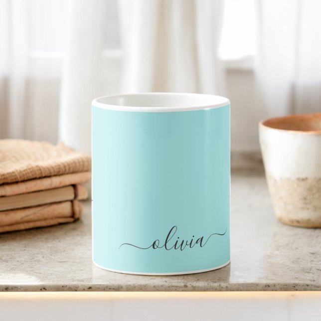 Aqua Blue Aquamarin Girly Script Monogram Name Mod Kaffeetasse (Von Creator hochgeladen)