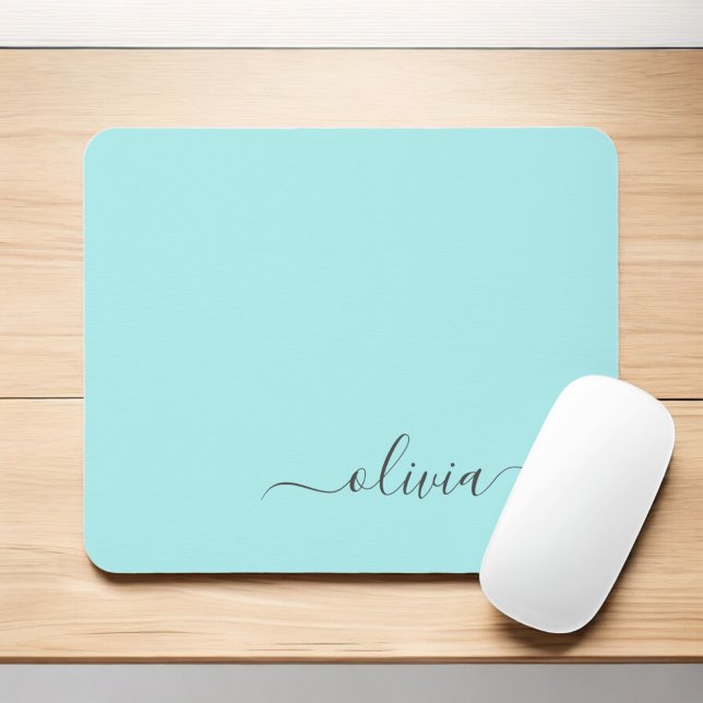Aqua Blue Aquamarin Girly Script Monogram Name Mod Mousepad (Von Creator hochgeladen)