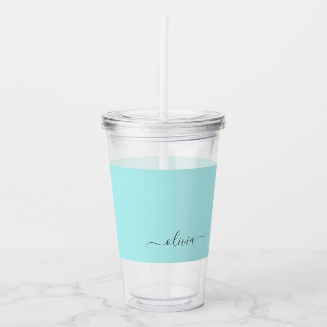 Aqua Blue Aquamarin Modern Script Monogram Name Acryltrinkbecher (Vorderseite)
