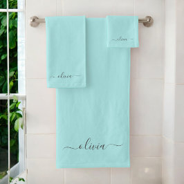 Aqua Blue Aquamarin Modern Script Monogram Name Badhandtuch Set