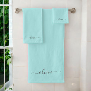 Aqua Blue Aquamarin Modern Script Monogram Name Badhandtuch Set