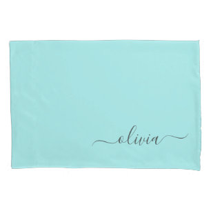 Aqua Blue Aquamarin Modern Script Monogram Name Kissenbezug