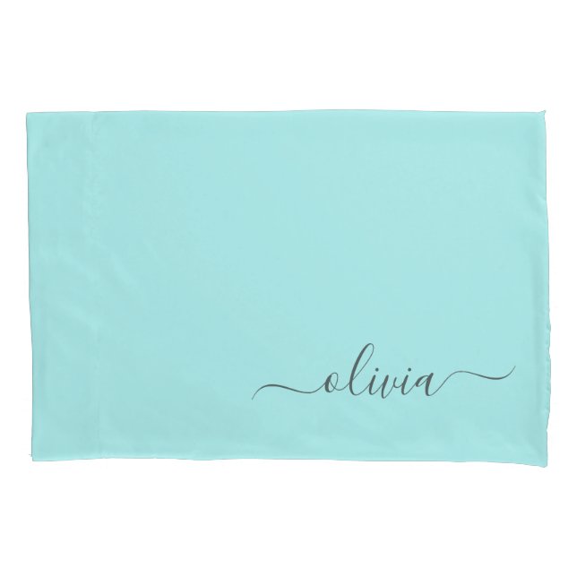 Aqua Blue Aquamarin Modern Script Monogram Name Kissenbezug (Vorderseite)