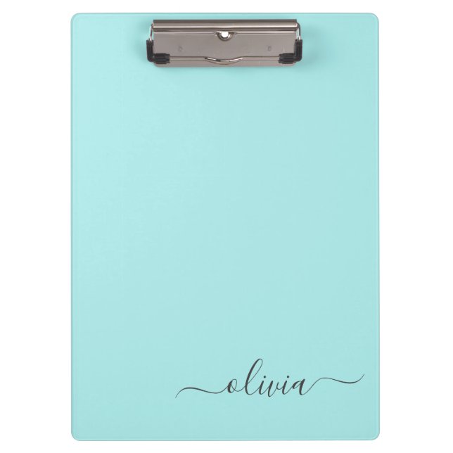 Aqua Blue Aquamarin Modern Script Monogram Name Klemmbrett (Vorderseite)