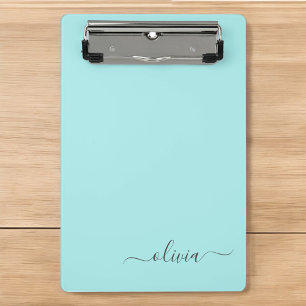Aqua Blue Aquamarin Modern Script Monogram Name Mini Klemmbrett
