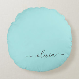 Aqua Blue Aquamarin Modern Script Monogram Name Rundes Kissen