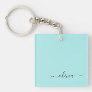 Aqua Blue Aquamarin Modern Script Monogram Name Schlüsselanhänger