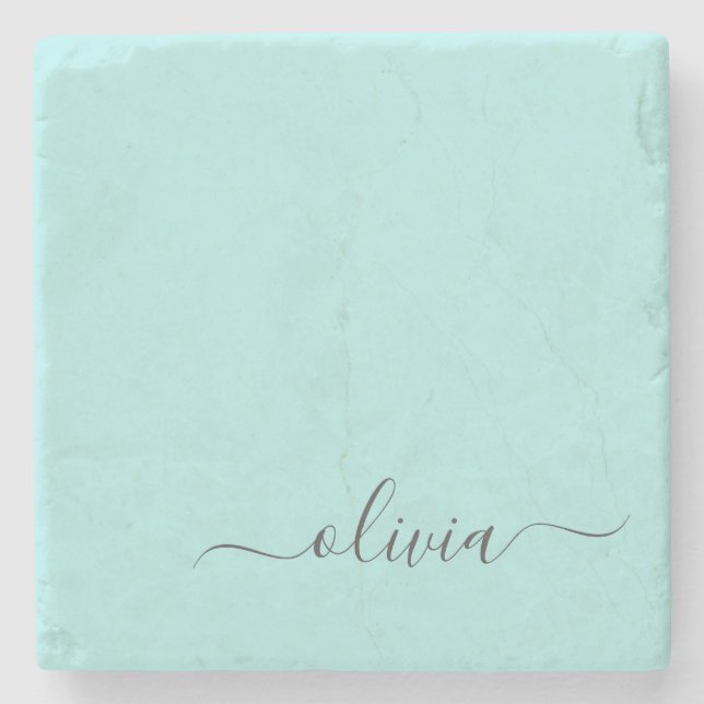 Aqua Blue Aquamarin Modern Script Monogram Name Steinuntersetzer (Vorderseite)