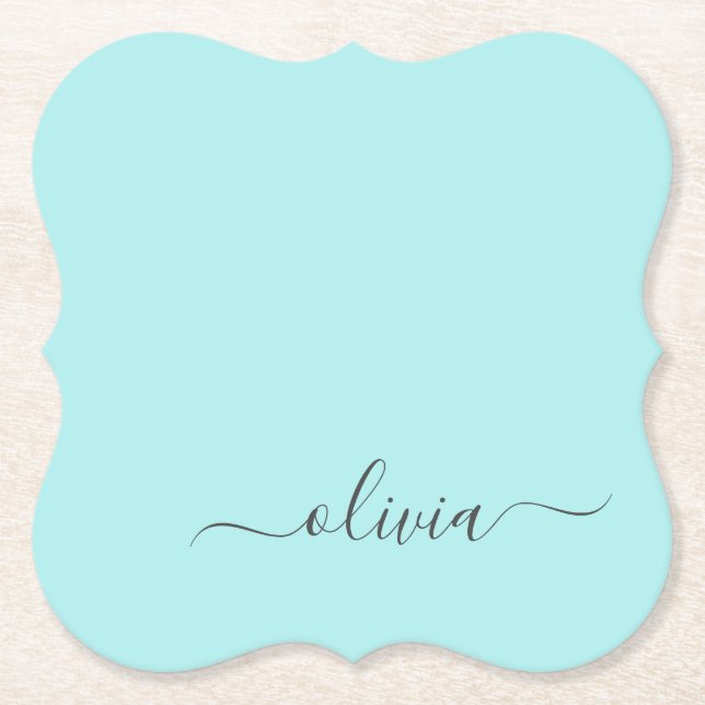 Aqua Blue Aquamarin Modern Script Monogram Name Untersetzer (Vorderseite)