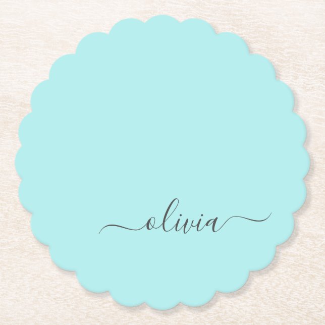 Aqua Blue Aquamarin Modern Script Monogram Name Untersetzer (Vorderseite)
