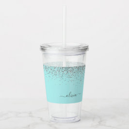 Aqua Blue Aquamarin Silver Glitzer Monogram Acryltrinkbecher