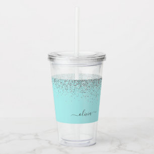 Aqua Blue Aquamarin Silver Glitzer Monogram Acryltrinkbecher