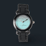 Aqua Blue Aquamarin Silver Glitzer Monogram Armbanduhr<br><div class="desc">Aqua Blue - Aquamarine und Silver Sparkle Glitzer Script Monogram Name Watch. Das macht den perfekten 16 Geburtstag,  Hochzeit,  Brautparty,  Jubiläum,  Babydusche oder Junggeselinnen-Abschied Geschenk für jemanden,  der Lieben glamourösen Luxus und schicke Stile.</div>