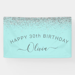 Aqua Blue Aquamarin Silver Glitzer Monogram Banner