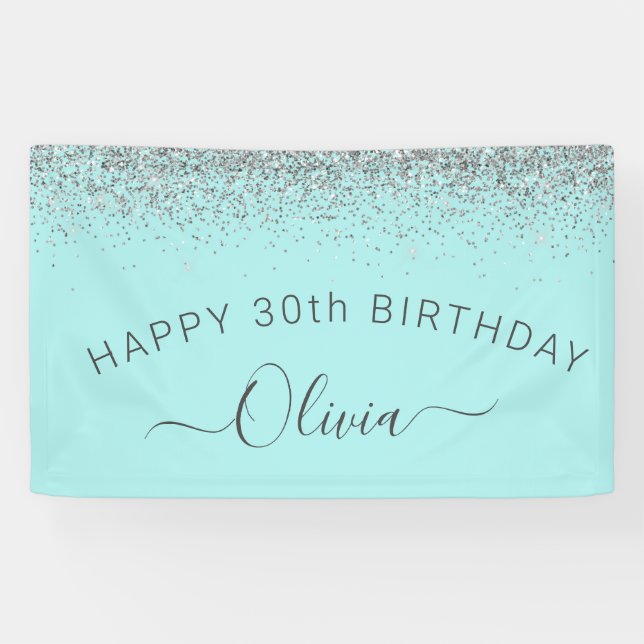 Aqua Blue Aquamarin Silver Glitzer Monogram Banner (Horizontal)
