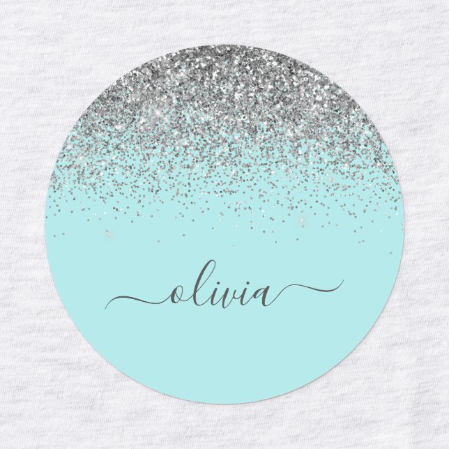 Aqua Blue Aquamarin Silver Glitzer Monogram Etiketten (Design 1)