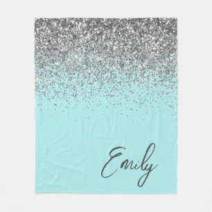 Aqua Blue Aquamarin Silver Glitzer Monogram Fleecedecke