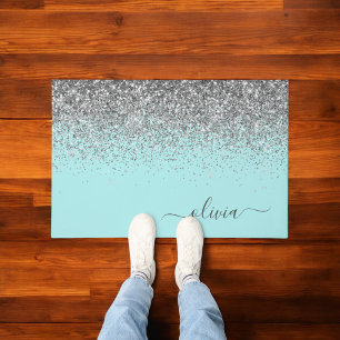 Aqua Blue - Aquamarin Silver Glitzer Monogram Fußmatte