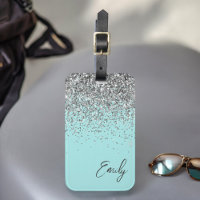 Aqua Blue Aquamarin Silver Glitzer Monogram