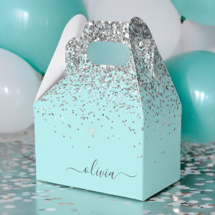 Aqua Blue - Aquamarin Silver Glitzer Monogram Geschenkschachtel