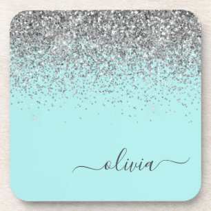 Aqua Blue Aquamarin Silver Glitzer Monogram Getränkeuntersetzer