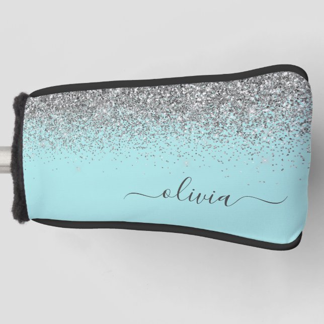 Aqua Blue Aquamarin Silver Glitzer Monogram Golf Headcover (Vorderseite)