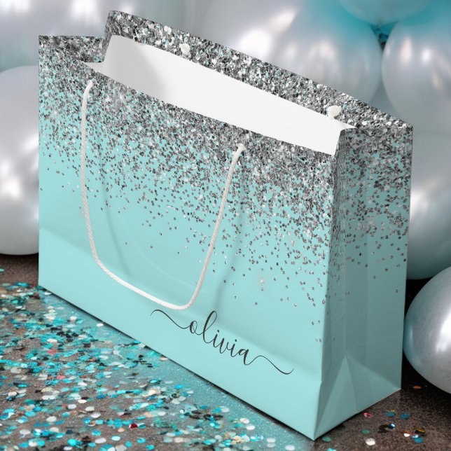 Aqua Blue Aquamarin Silver Glitzer Monogram Große Geschenktüte (Von Creator hochgeladen)