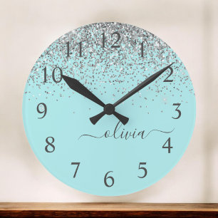 Aqua Blue Aquamarin Silver Glitzer Monogram Große Wanduhr