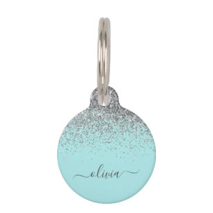 Aqua Blue Aquamarin Silver Glitzer Monogram Haustiermarke