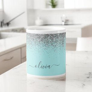 Aqua Blue Aquamarin Silver Glitzer Monogram Jumbo-Tasse
