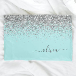 Aqua Blue Aquamarin Silver Glitzer Monogram Kissenbezug