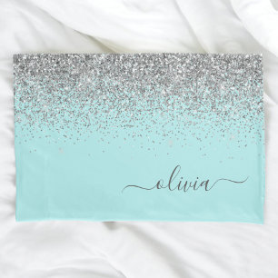 Aqua Blue Aquamarin Silver Glitzer Monogram Kissenbezug