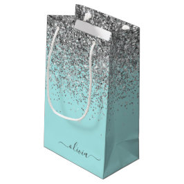 Aqua Blue Aquamarin Silver Glitzer Monogram Kleine Geschenktüte