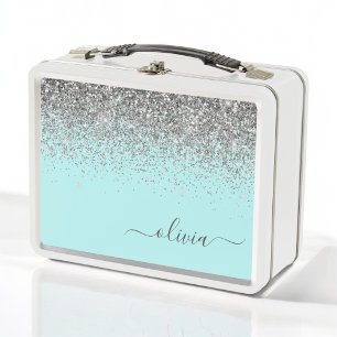 Aqua Blue Aquamarin Silver Glitzer Monogram Metall Brotdose