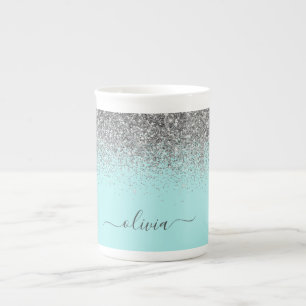 Aqua Blue Aquamarin Silver Glitzer Monogram Prozellantasse