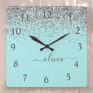 Aqua Blue Aquamarin Silver Glitzer Monogram Quadratische Wanduhr