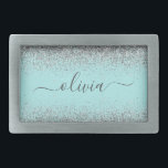 Aqua Blue Aquamarin Silver Glitzer Monogram Rechteckige Gürtelschnalle<br><div class="desc">Aqua Blue - Aquamarine und Silver Sparkle Glitzer Script Monogram Name Gelt Buckle. Das macht den perfekten Abschluss,  süß 16 16.,  18.,  21.,  30.,  40.,  50.,  60.,  70.,  80.,  90.,  100. Geburtstag,  Hochzeit,  Brautparty,  Jubiläum,  Babydusche oder Junggeselinnen-Abschied Geschenk für jemanden,  der Luxus und Chic Stil Lieben glänze.</div>
